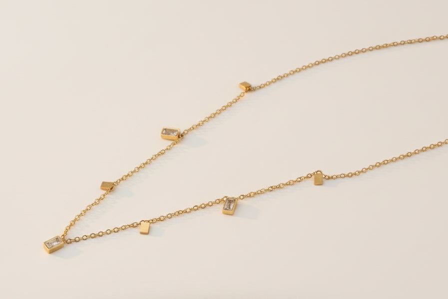 Gemstone and Rectangle Dangle Necklace