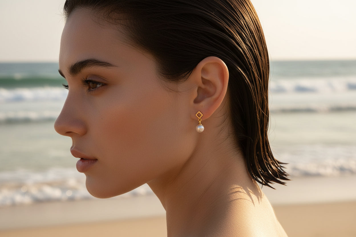 Diamond Dangle Pearl Stud