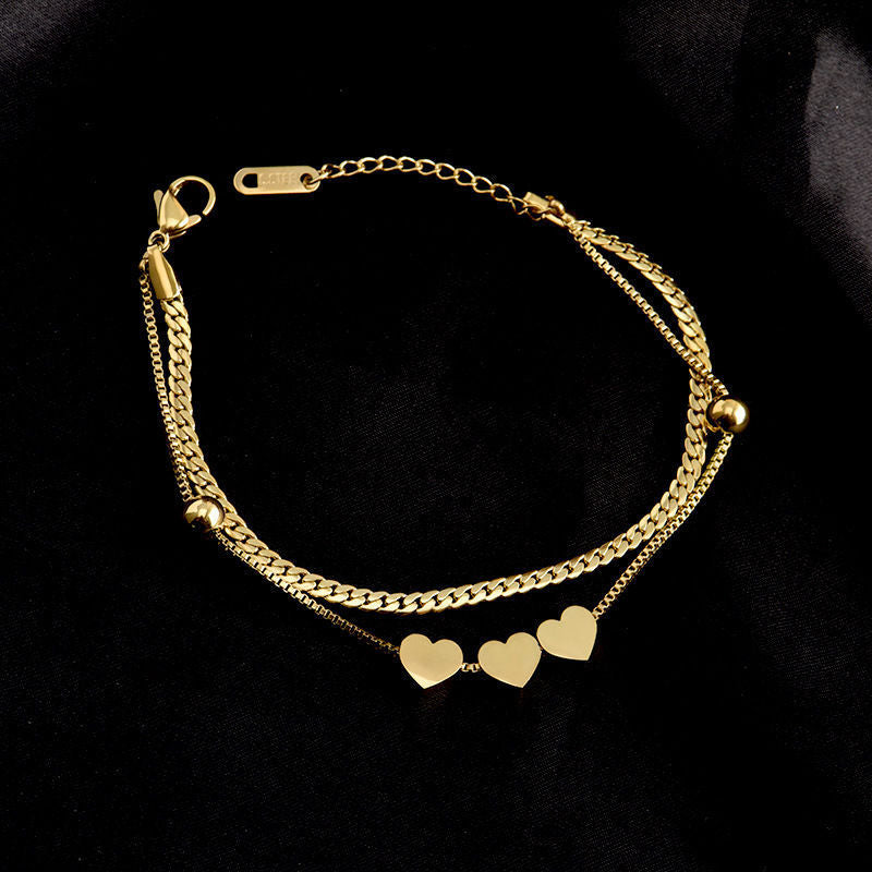 3 Heart Double Chain Bracelet