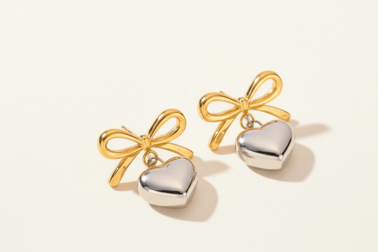 Bow and Heart Dangle Stud
