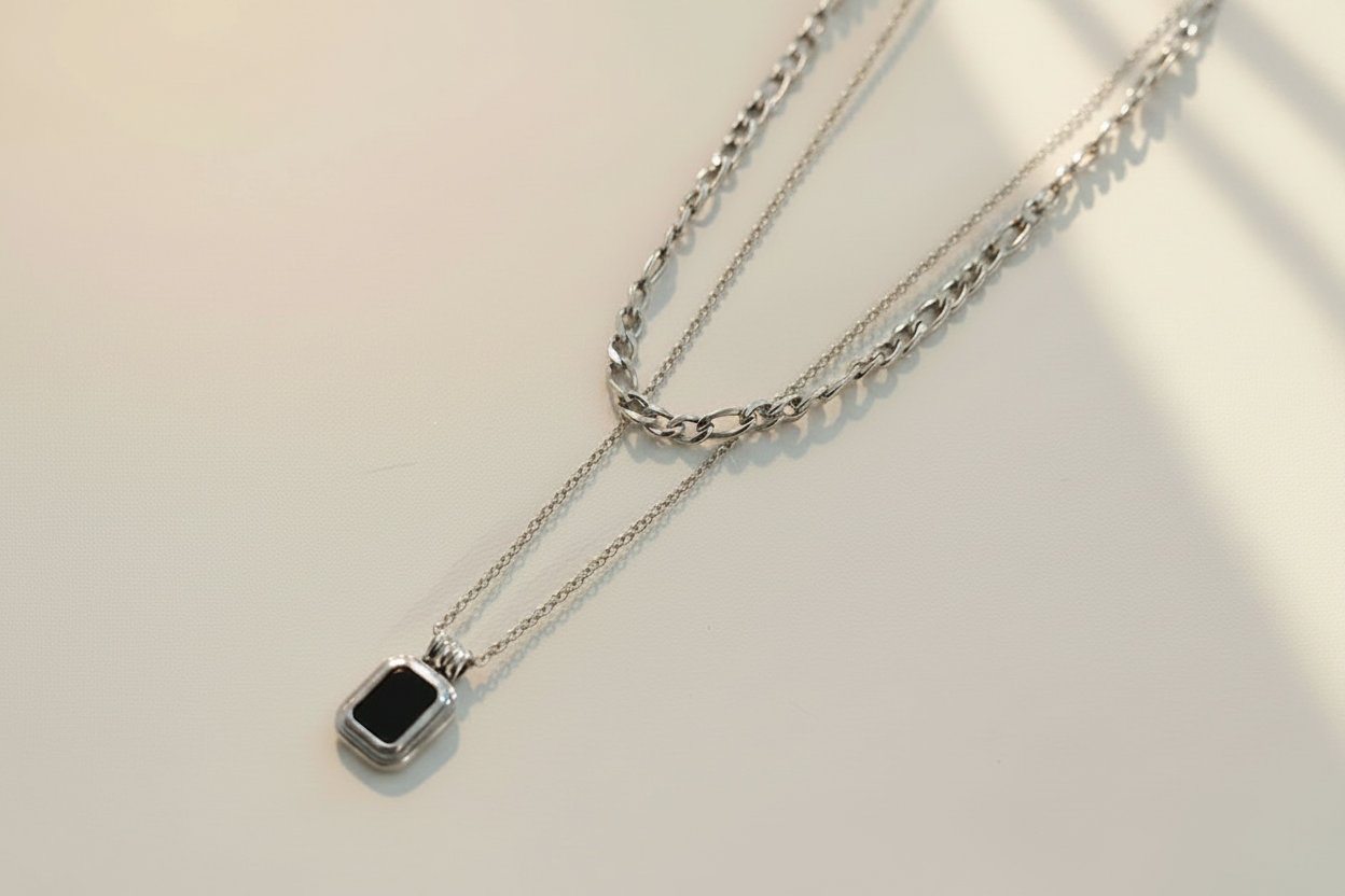 Black Pendant Double Chain Necklace