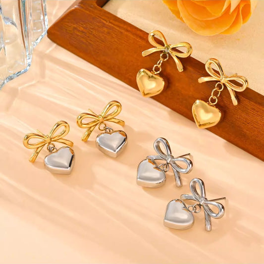 Bow and Heart Dangle Stud